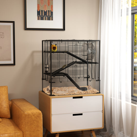PawHut Four-Tier Hamster Cage with Deep Tempered Glass Bottom, Hut, Running Wheel, Food Dish, Water Bottle, 78.5 x 48.5 x 80cm