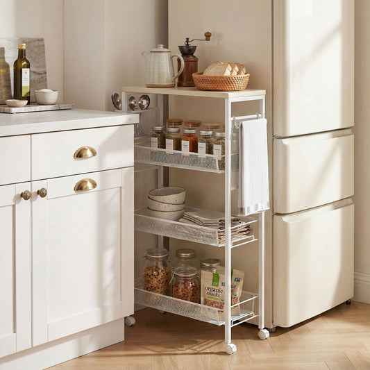 HOMCOM 3-Tier Kitchen Cart with 3 Steel Wire Baskets - White