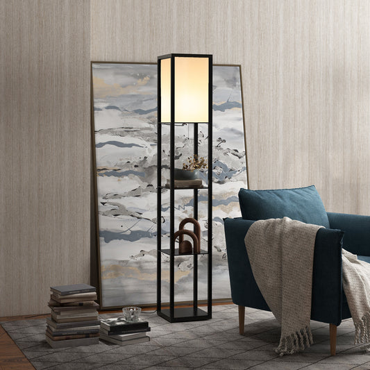 HOMCOM 3-Tier Floor Lamp with Shelves and Storage, Modern Standing Lamp with Lampshade, Reading Light with Chain Switch for Living Room, Bedroom, Home Office, Bulb not Included, Black