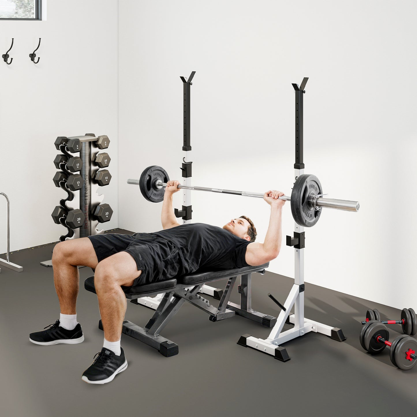 HOMCOM Weights Bar Barbell Rack Squat Stand Adjustable Portable Weight Lifting Max Load 200kg, Suitable For Home Gym Training Work Out