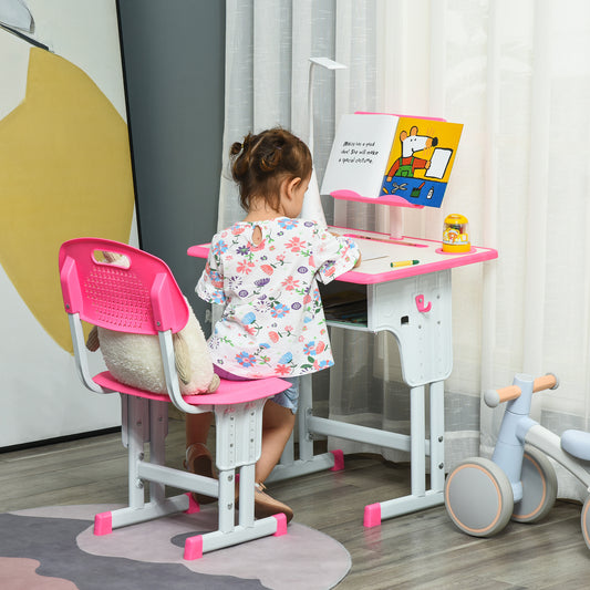 HOMCOM Kids Desk and Chair Set Adjustable Height Study Table Set with Drawer, Book Stand, Pen Slot - Pink