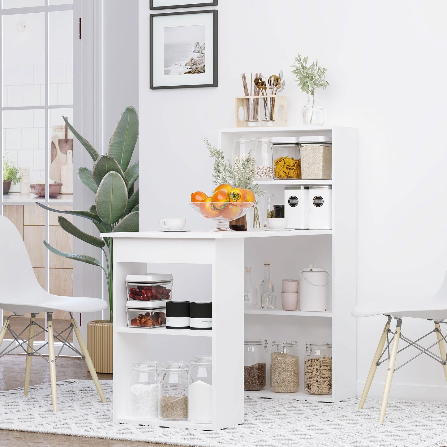 HOMCOM 120cm Computer Desk, Wooden PC Laptop Table with 6-Tier Storage Bookshelves, Home Office Working Study Desk, Writing Workstation, White