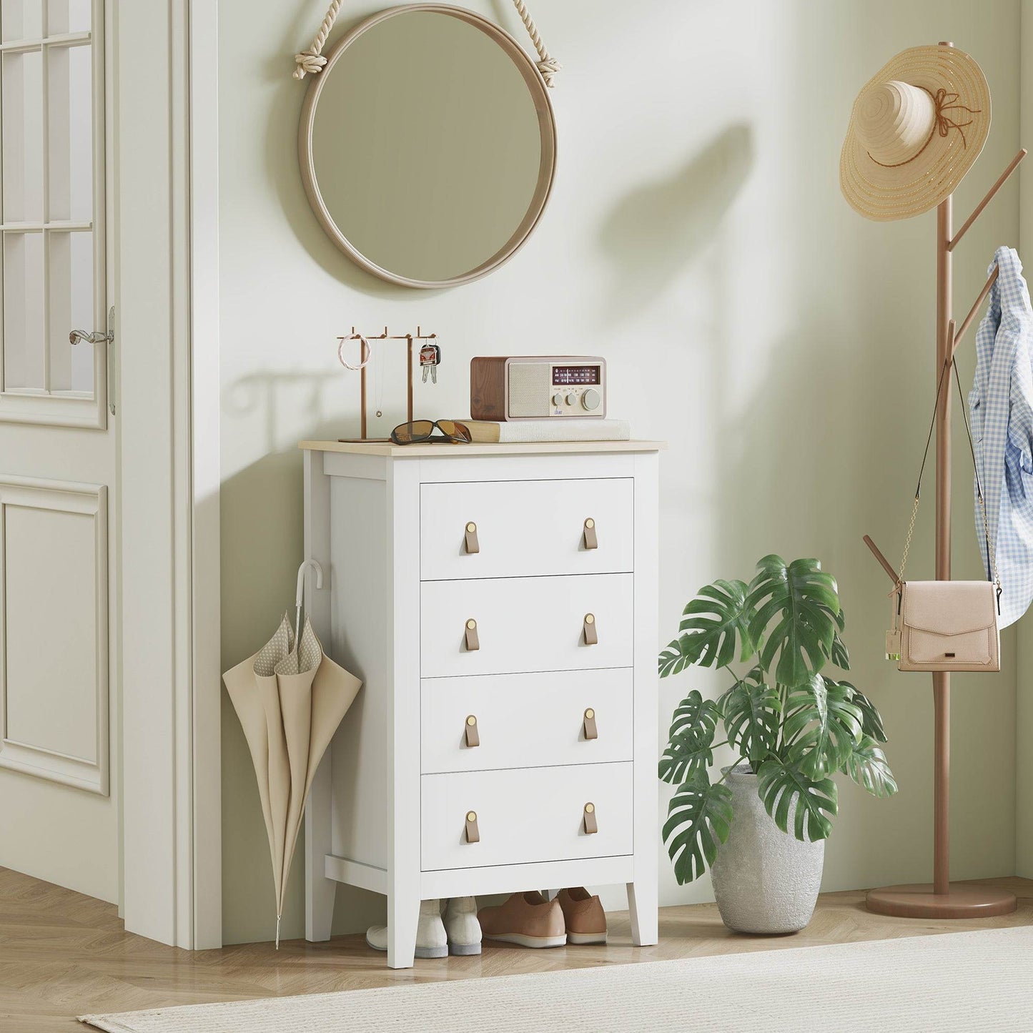 HOMCOM Bedroom Chest of Drawers, Modern 4 Drawer Dresser Cabinet with PU Leather Handles and Metal Runners for Living Room, Hallway, Entryway, 60 x 40 x 98 cm, White