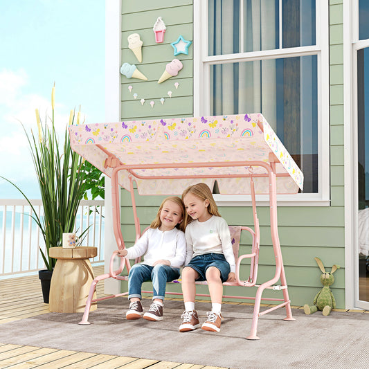 AIYAPLAY Kids Garden Swing Chair with Adjustable Canopy, Safety Belt, 2 Seater Hammock Swing Bench for Patio, Porch, Pink