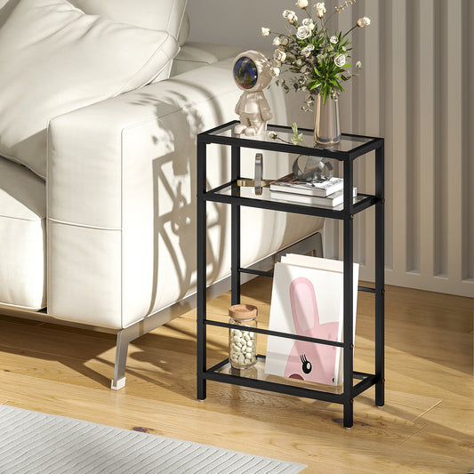 HOMCOM 3-Tier Side Table, Narrow End Table with Storage Shelf and Tempered Glass Tabletop for Small Spaces, Black-End Tables-ChewyGames-ChewyGames
