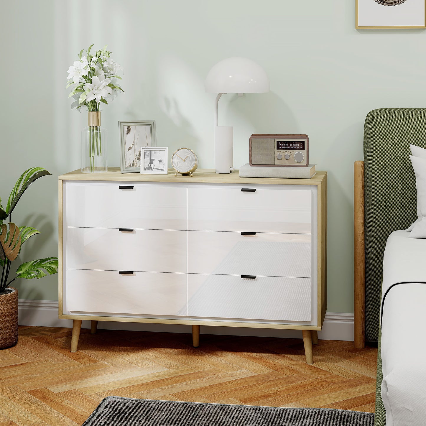HOMCOM Storage Cabinet, Chest of Drawers with 6 Drawers and 5 Legs for Bedroom, High Gloss White