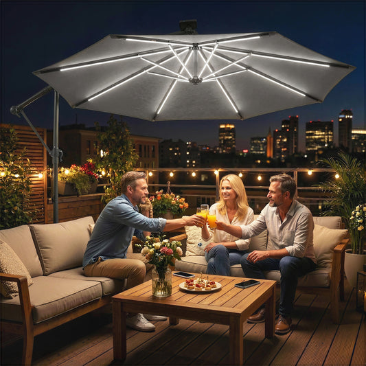 Outsunny 3 m Garden Cantilever Parasol with LED Solar Light, Round Overhanging Umbrella with 360° Rotation, Cover, Grey