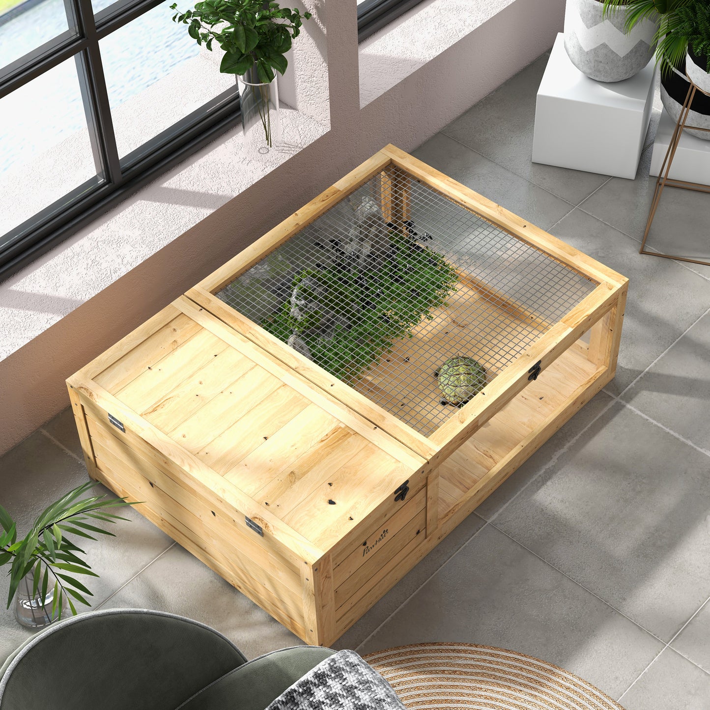 PawHut Tortoise House, Small Reptile Wooden House, with Mesh Roofs, Side Panels, for Turtles, Lizards, Geckos and Snakes
