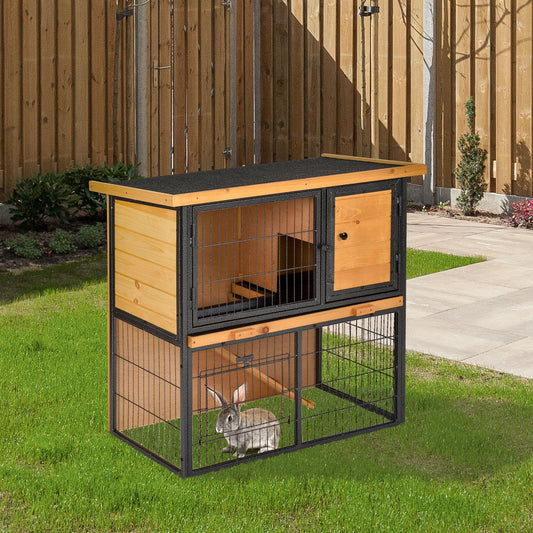 PawHut Guinea Pig Hutch Rabbit Hutch Wood-metal Elevated Pet House Bunny Cage with No-Leak Tray Ramp Openable Roof Outdoor 89.5 x 45 x 81cm Light Yellow--ChewyGames-ChewyGames