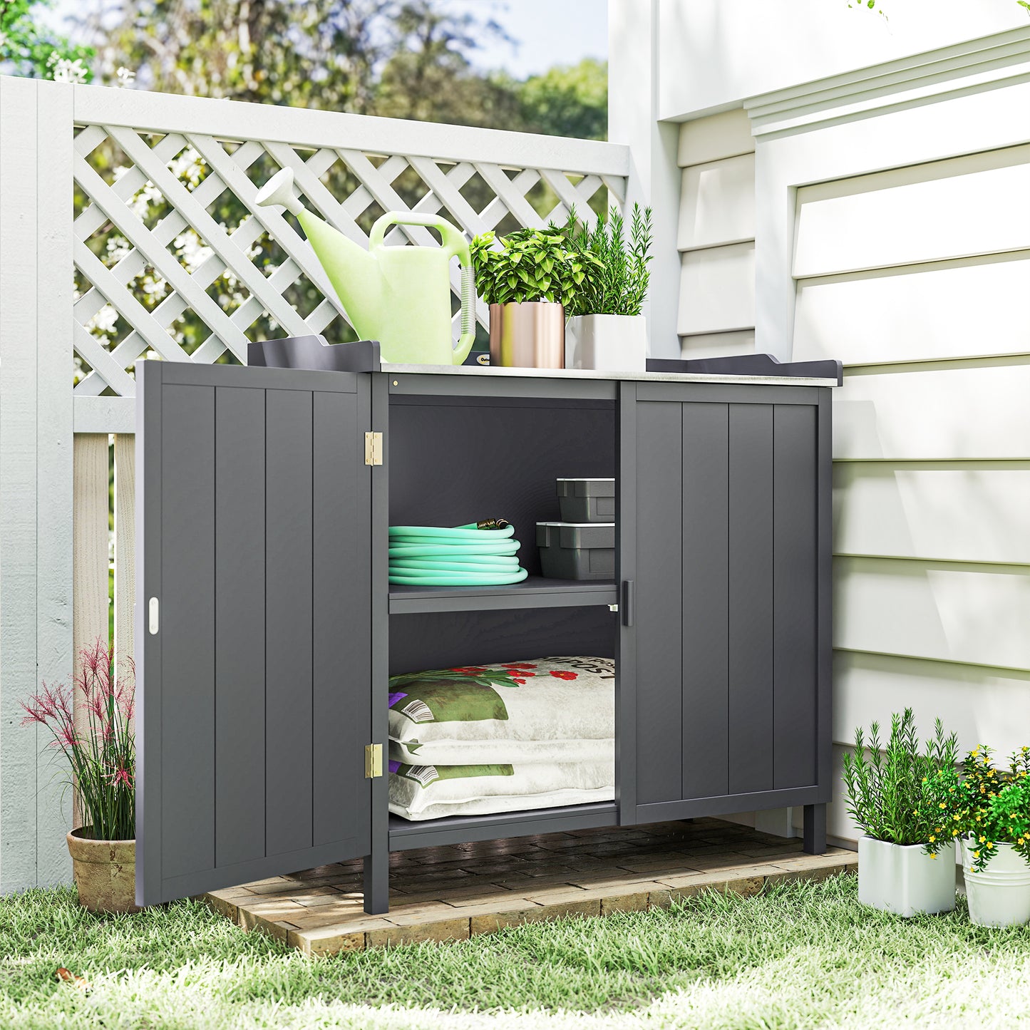 Outsunny Wood Garden Storage Cabinet, Outdoor Tool Shed, Potting Bench Table with galvanised Top and Two Shelves for garden Tools or Pool Accessories, Grey