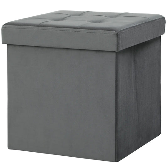 HOMCOM Foldable Velvet-Feel Storage Ottoman, 38 x 38 x 38 cm, Grey