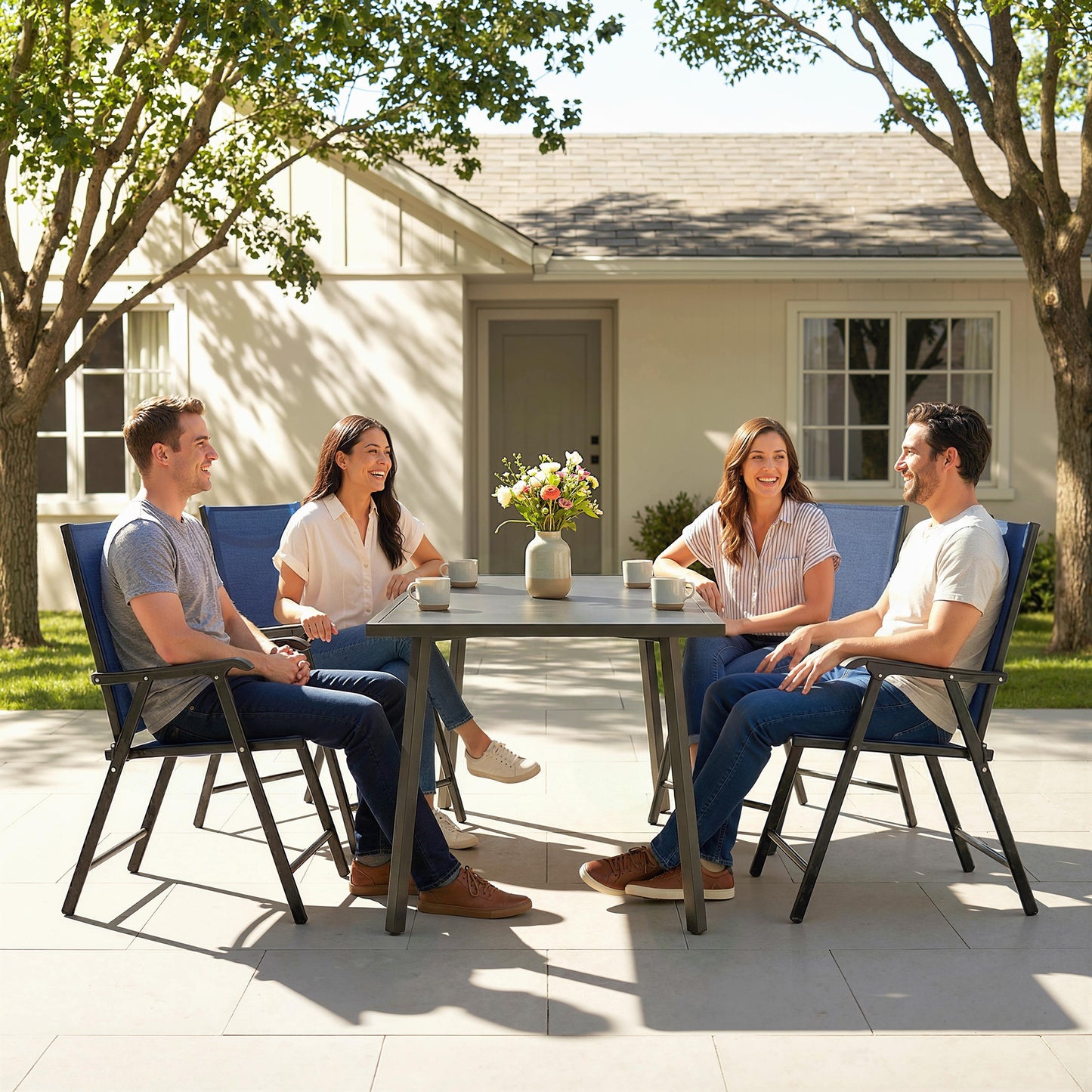 Outsunny Folding Garden Chairs Set of 4, Foldable Garden Dining Chairs with High Back, Armrests, Texteline Seat, Navy Blue