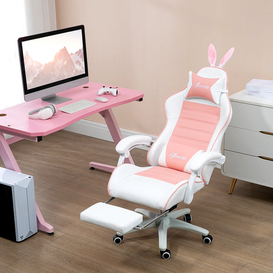 Vinsetto Racing Gaming Chair, Reclining PU Leather Computer Chair with Removable Rabbit Ears, Footrest, Headrest and Lumber Support, Pink