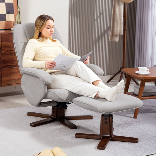 HOMCOM Linen Swivel Recliner Chair with Footstool, Upholstered Reclining Armchair with Wooden Base for Living Room, Light Grey--ChewyGames-ChewyGames