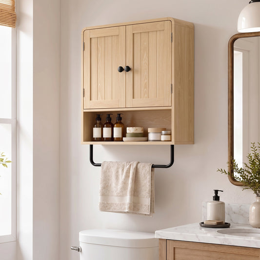 HOMCOM Bathroom Cabinet Wall Mounted, Bathroom Wall Cabinet with 2 Doors, Adjustable Shelf Storage for Toilet, Oak