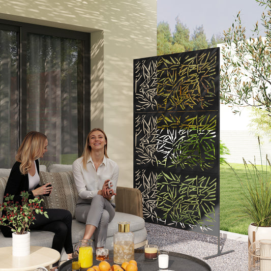 Outsunny Decorative Garden Privacy Screen with Stand, 6.5FT Freestanding Metal Outdoor Divider, Black