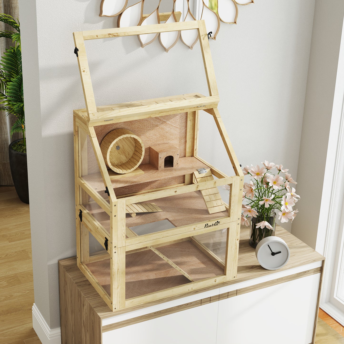 PawHut Wooden Hamster Cage with Detachable 32cm Deep Bottom, Hut, Seesaw, Exercise Wheel, Ramp, 60 x 40 x 75cm, Natural--ChewyGames-ChewyGames