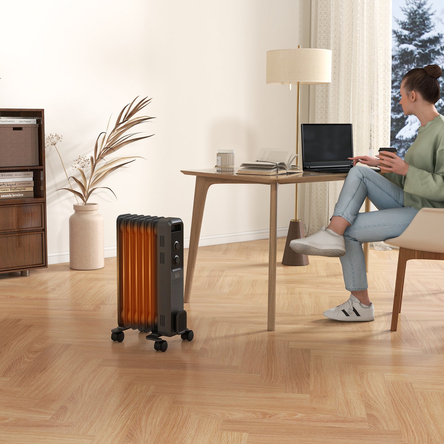HOMCOM 1500W Oil Filled Radiator, Portable Electric Heater with 3 Heat Settings, Safety Cut-Off and Wheels, Grey
