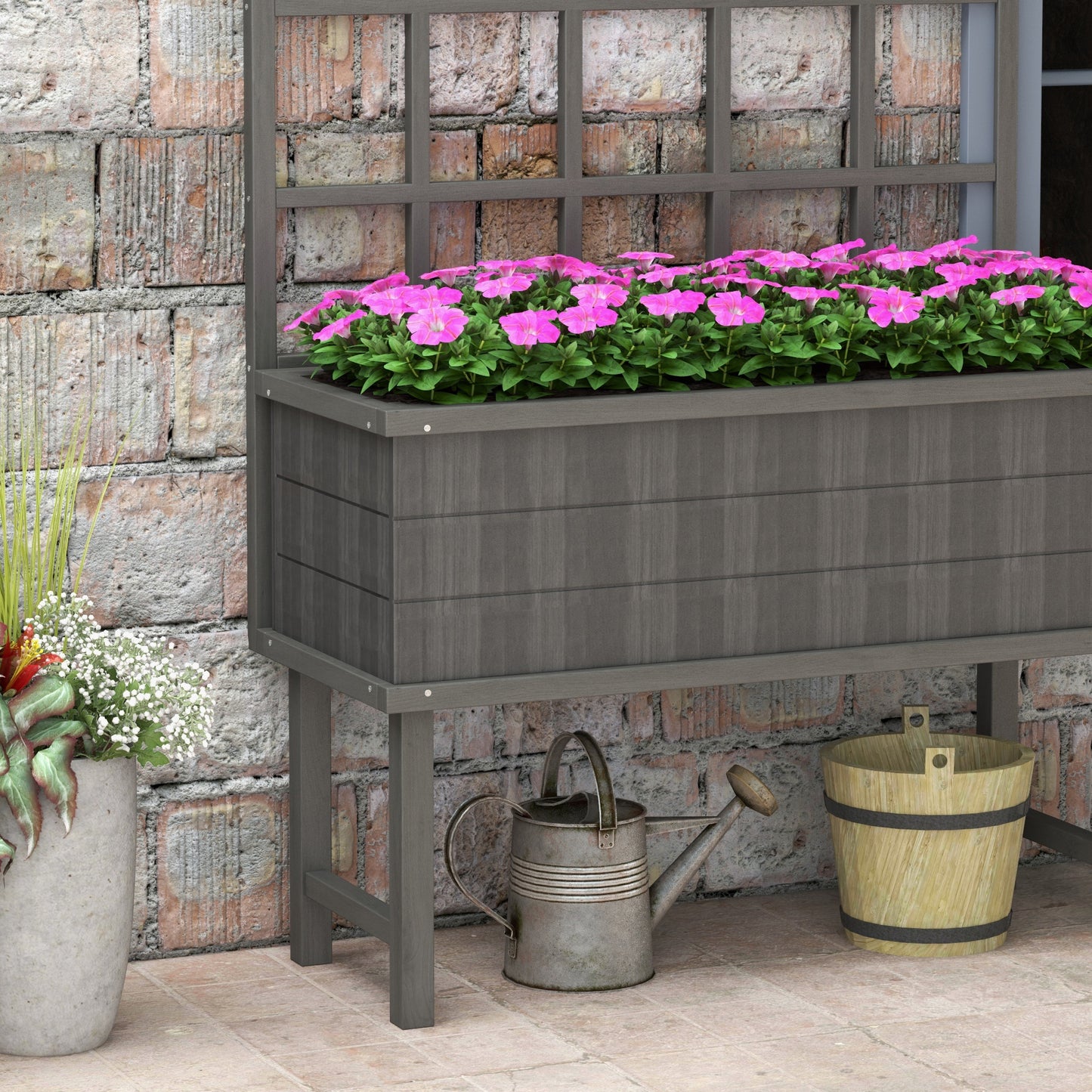 Outsunny 45 x 105cm Wooden Garden Planter, with Trellis - Grey