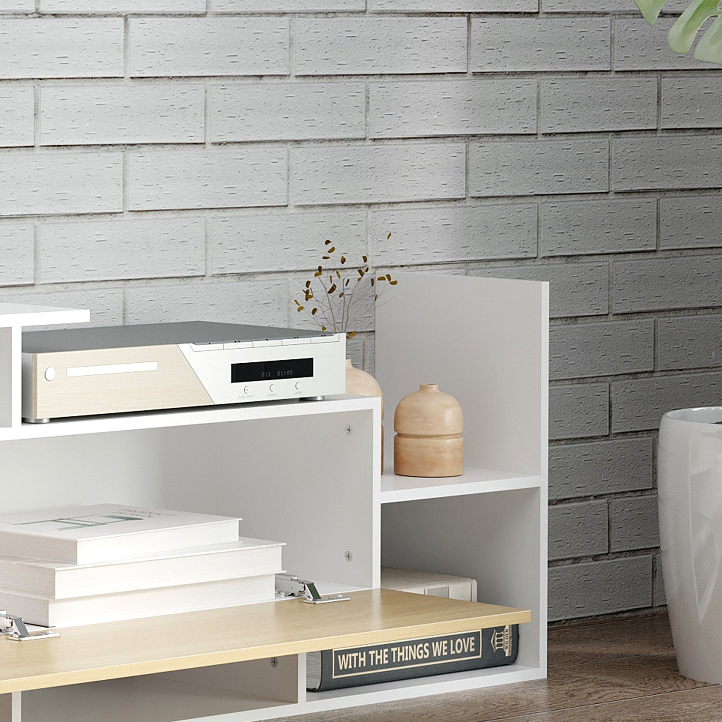 HOMCOM TV Cabinet with Wall Shelf for Wall-Mounted 65" TVs or Standing 40" TVs - White and Natural