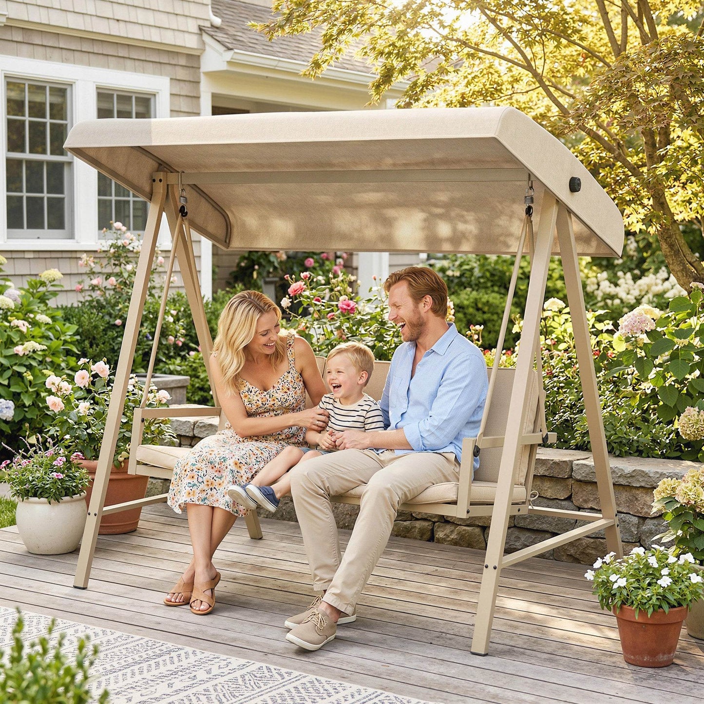 Outsunny Three-Seat Garden Swing Chair, with Adjustable Canopy - Beige