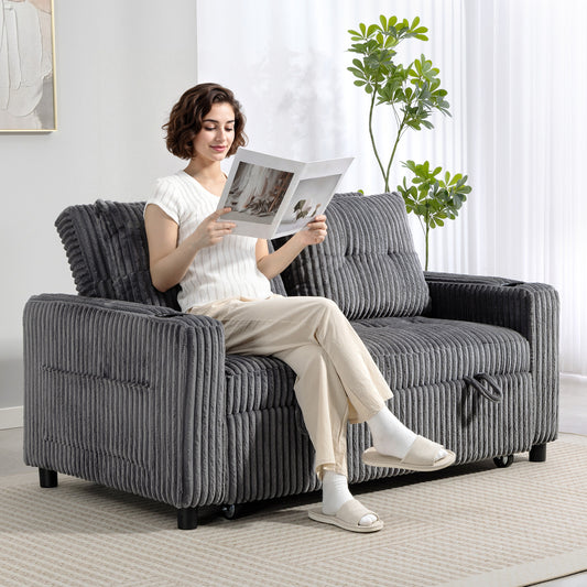 HOMCOM 2 Seater Click Clack Sofa Bed with Pull Out Design, Corduroy Upholstery - Charcoal Grey