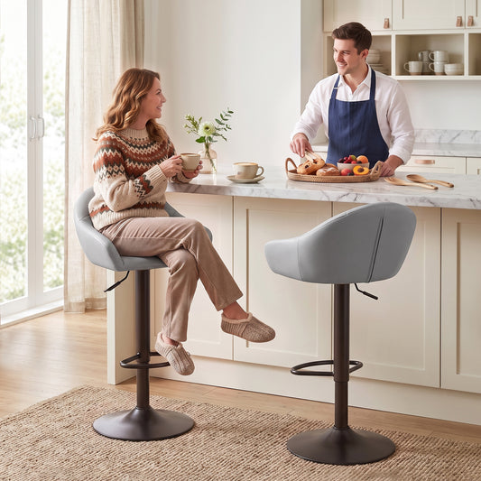 HOMCOM Bar Stools Adjustable Heights Breakfast Bar Stools Backrest Armrests Set of 2 with Rubber Ring Metal Base, Grey