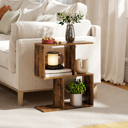 HOMCOM Side Table, Narrow End Table with Storage Shelves, S-Shaped, 3-Tier, 50W x 19.5D x 58H cm, Rustic Brown