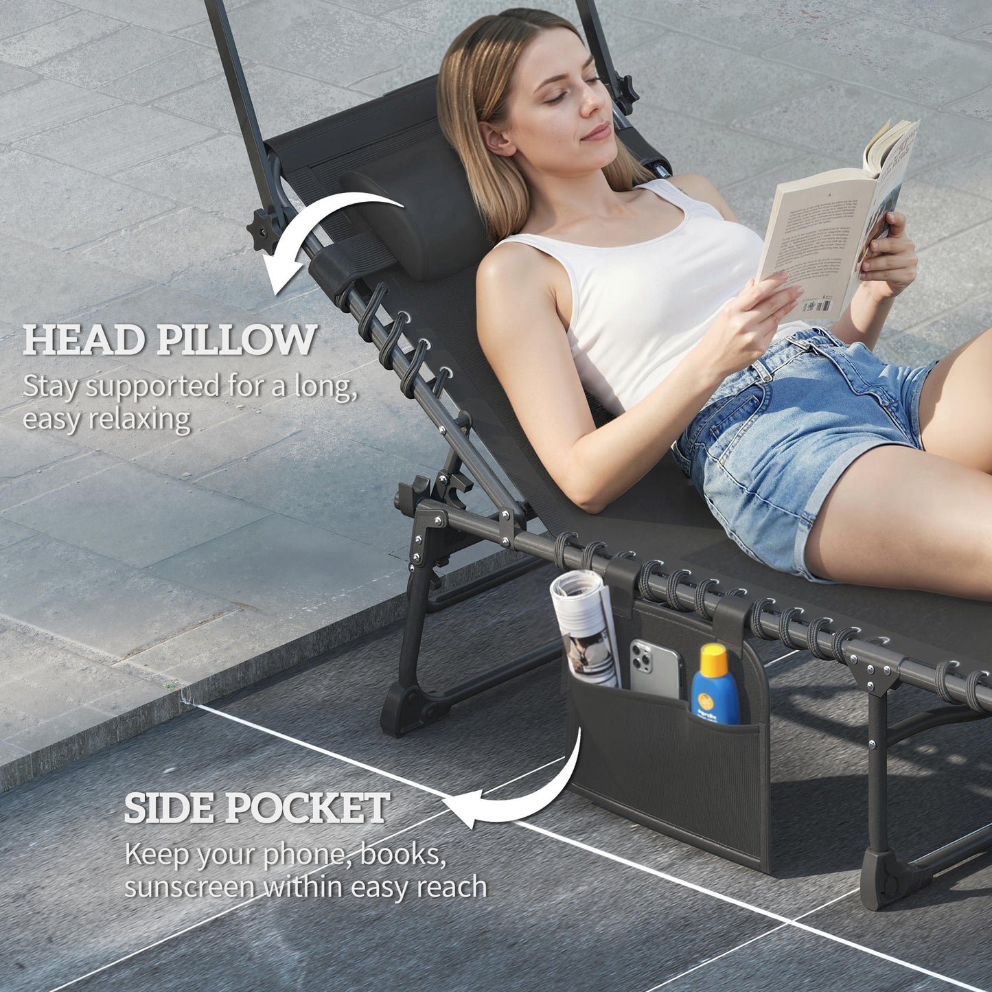 Outsunny Folding Sun Loungers Set of 2 with Canopy, Reclining Sunbed with Cushion, Side Pocket, Carrying Handle, Black