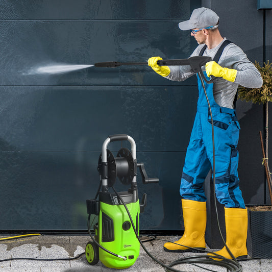 Outsunny 1800W High Pressure Washer, 150 Bar Pressure, 420 L/h Flow, Portable Power Washer Jet Wash Cleaner with Adjustable Nozzle, 6M Hose, Hose Reel, Steel Handle for Home Patio Car Driveway, Green