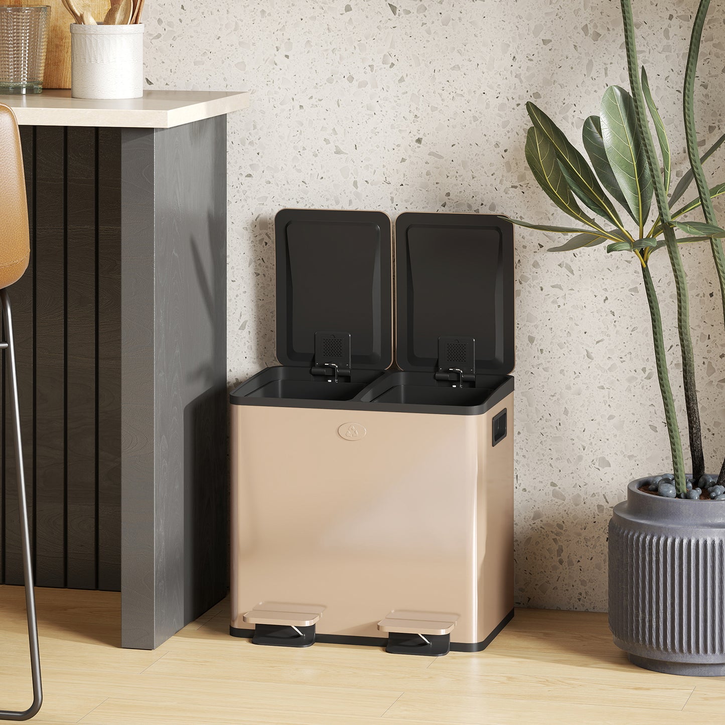 HOMCOM 30L Dual Compartment Stainless Steel Bin, with Deodoriser Holders - Gold Tone