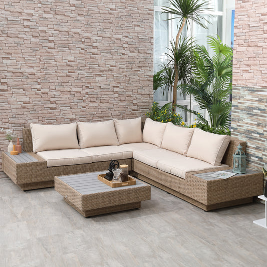 Outsunny 4 Pieces Rattan Garden Furniture Set, Garden Corner Sofa with Side Trays, Wicker Conservatory Furniture Set with Loveseats, Slatted Plastic Top Coffee Table and Cushions, Beige
