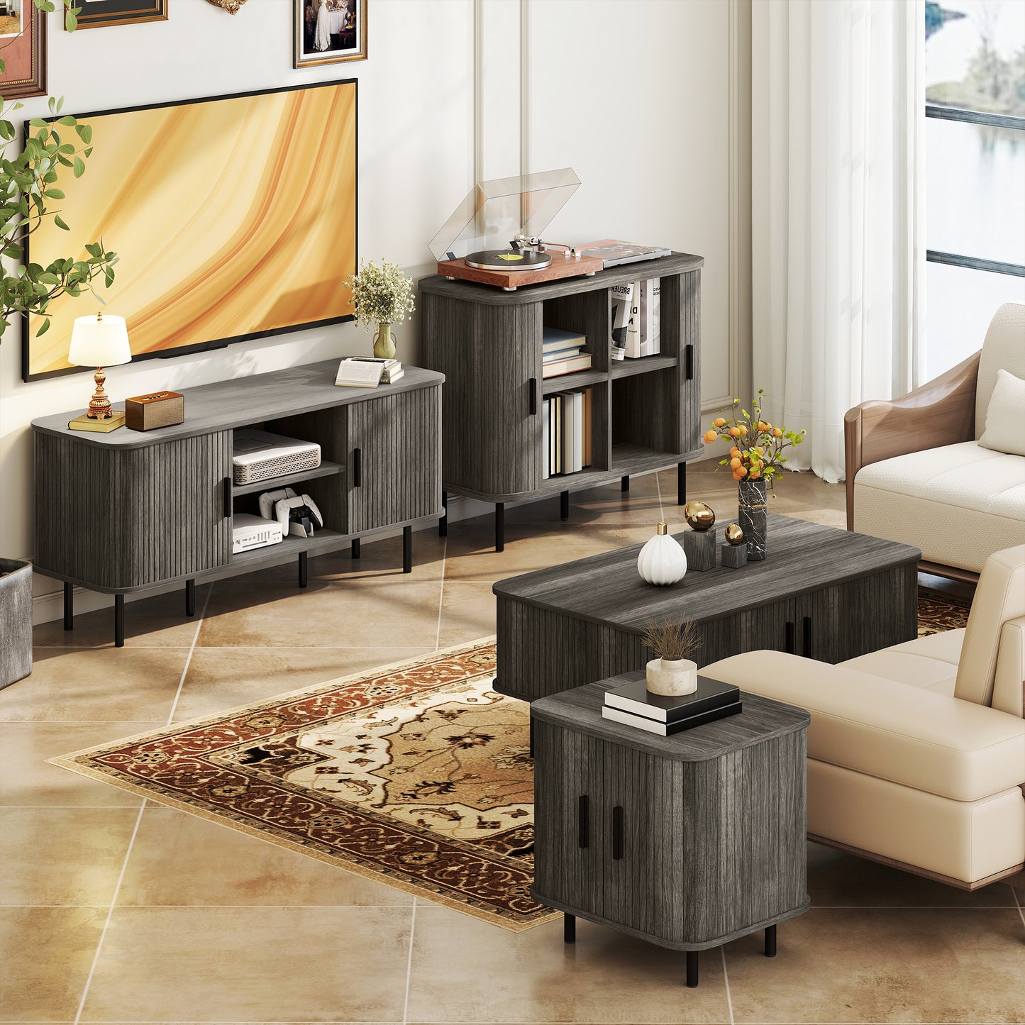 HOMCOM Coffee Table with Storage, Living Room Table with Slatted Tambour Sliding Doors and Foot Pads, Rectangular Coffee Table with Elevated Base for Living Room, Grey Wood-Effect