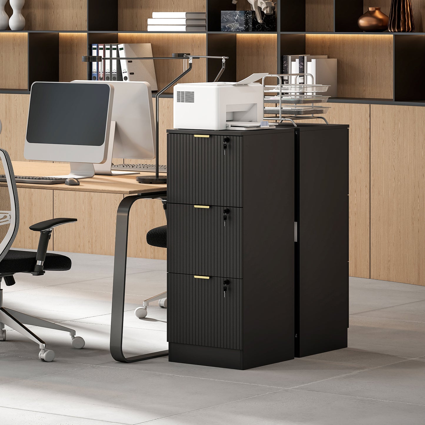 HOMCOM Filing Cabinet, Fluted Vertical File Cabinet with 3 Lockable Drawers and Hanging Rails, Black
