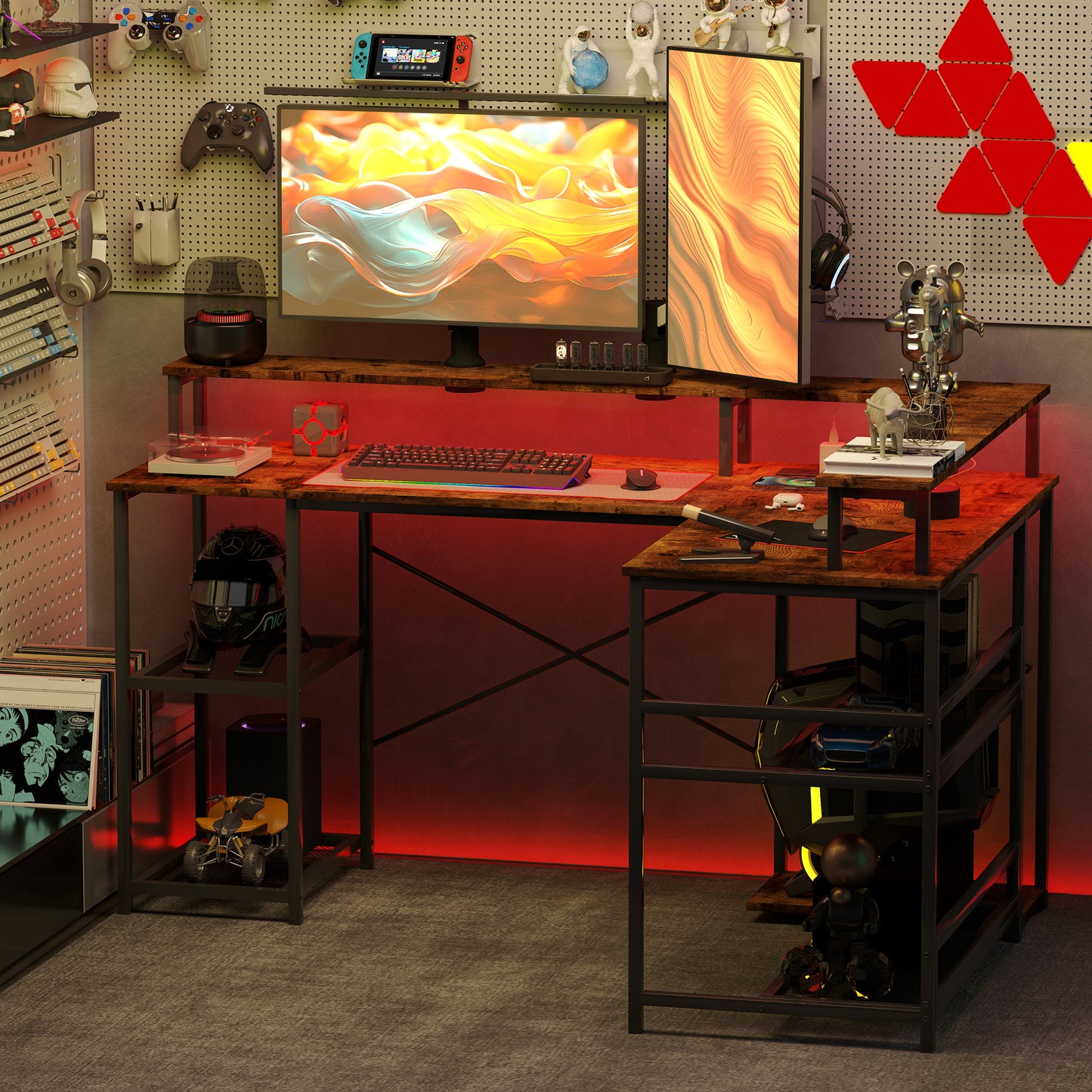 HOMCOM LED Light 'L' Computer Desk, with Shelves - Brown