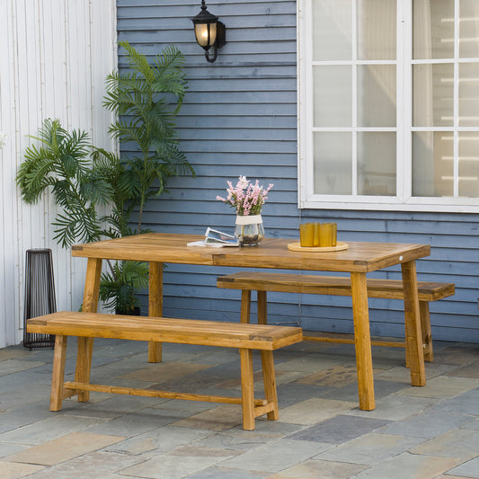 Outsunny 3 Pieces Picnic Bench Set with Table and 2 Benches, Acacia wood Dining Trestle Beer Table and Seat, Natural Wood Finish--ChewyGames-ChewyGames