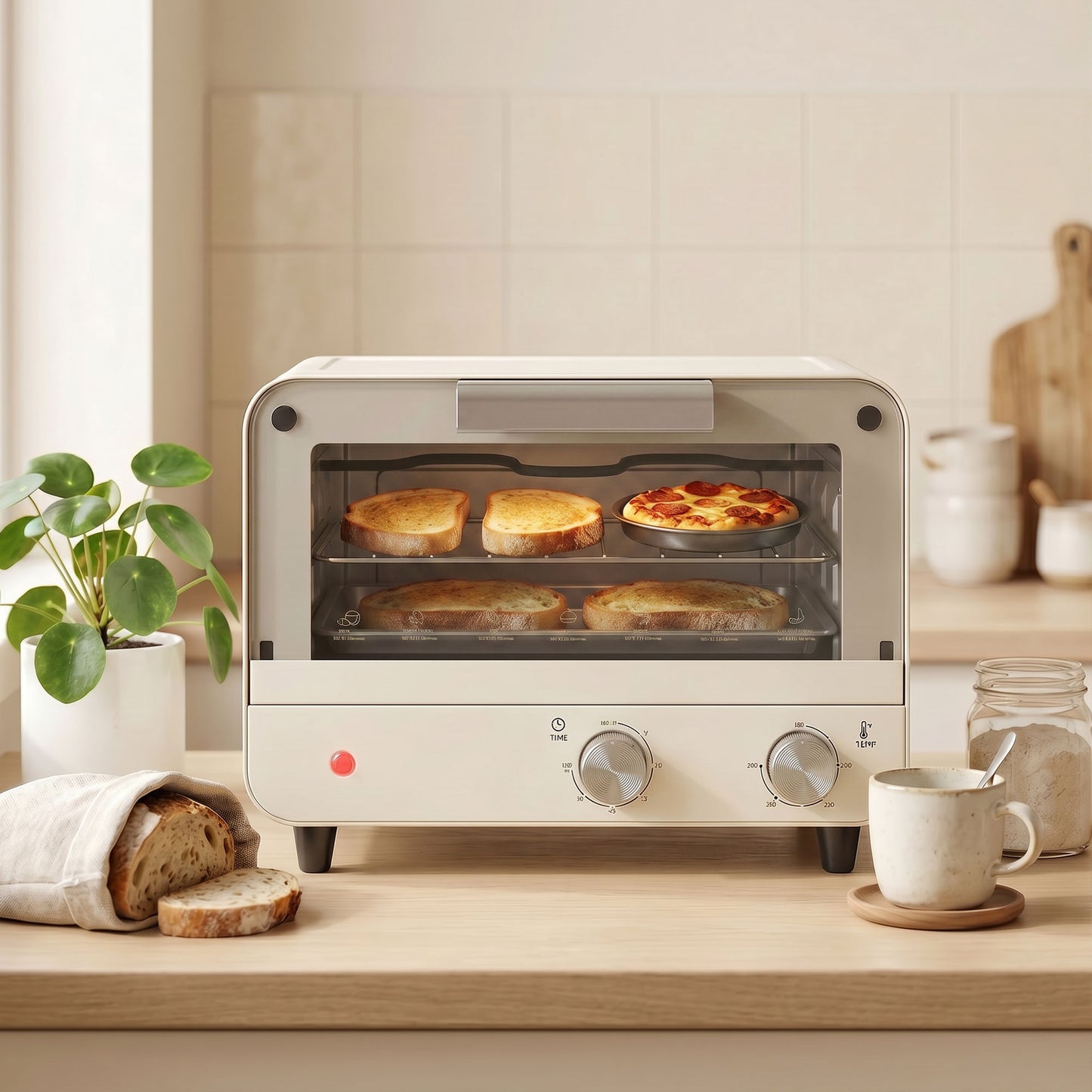 HOMCOM Mini Oven, Small Toaster Oven with Glass Door, Adjustable Temperature and Timer, Accessory Included, 750W, Cream White