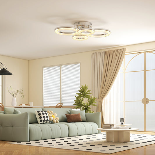 HOMCOM LED Ceiling Light, Modern Dimmable 4 Rings Ceiling Lamp with Wall Switch, 40W 4350lm Flush Mount Ceiling Light with 3500K/4500K/6000K Colour Temperatures for Living Room, Bedroom, Silver Tone