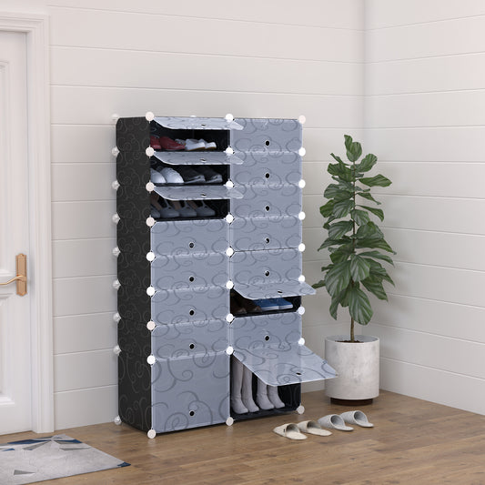 HOMCOM 16 Cube Shoe Rack, 2 x 8 Tier Shoe Storage Cabinet, Modular Plastic Shelves for Bedroom, Living Room and Entryway, Space Saving Footwear Organizer, 32 Pairs, White and Black--ChewyGames-ChewyGames