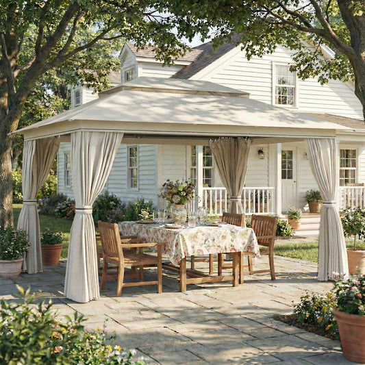 Outsunny 3 x 4 m Outdoor Garden Gazebo with Netting and Curtains, UPF50+ Patio Gazebo Permanent Pavilion Canopy, Beige