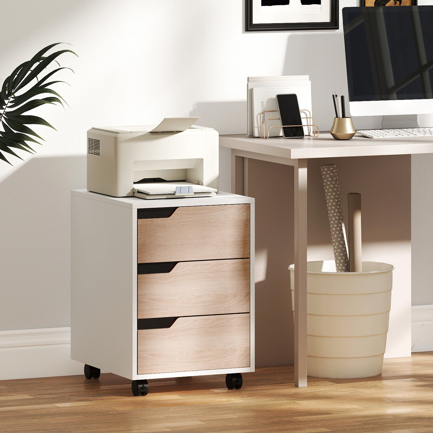 HOMCOM 3 Drawer Mobile File Cabinet, Vertical Filing Cabinet with Wheels for Home Office, Oak