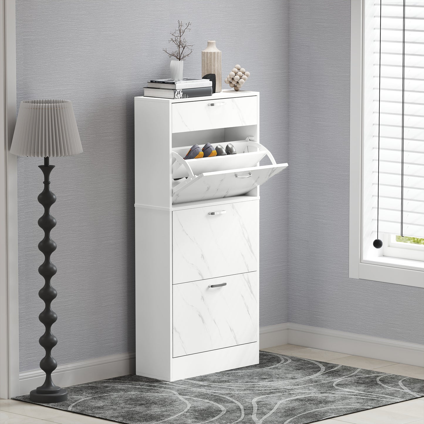 HOMCOM Marble Shoe Storage Cabinet with 3 Flip Drawers, Hallway Cabinet with Top Drawer and Adjustable Shelves, Shoe Cupboard for 18 Pairs, White