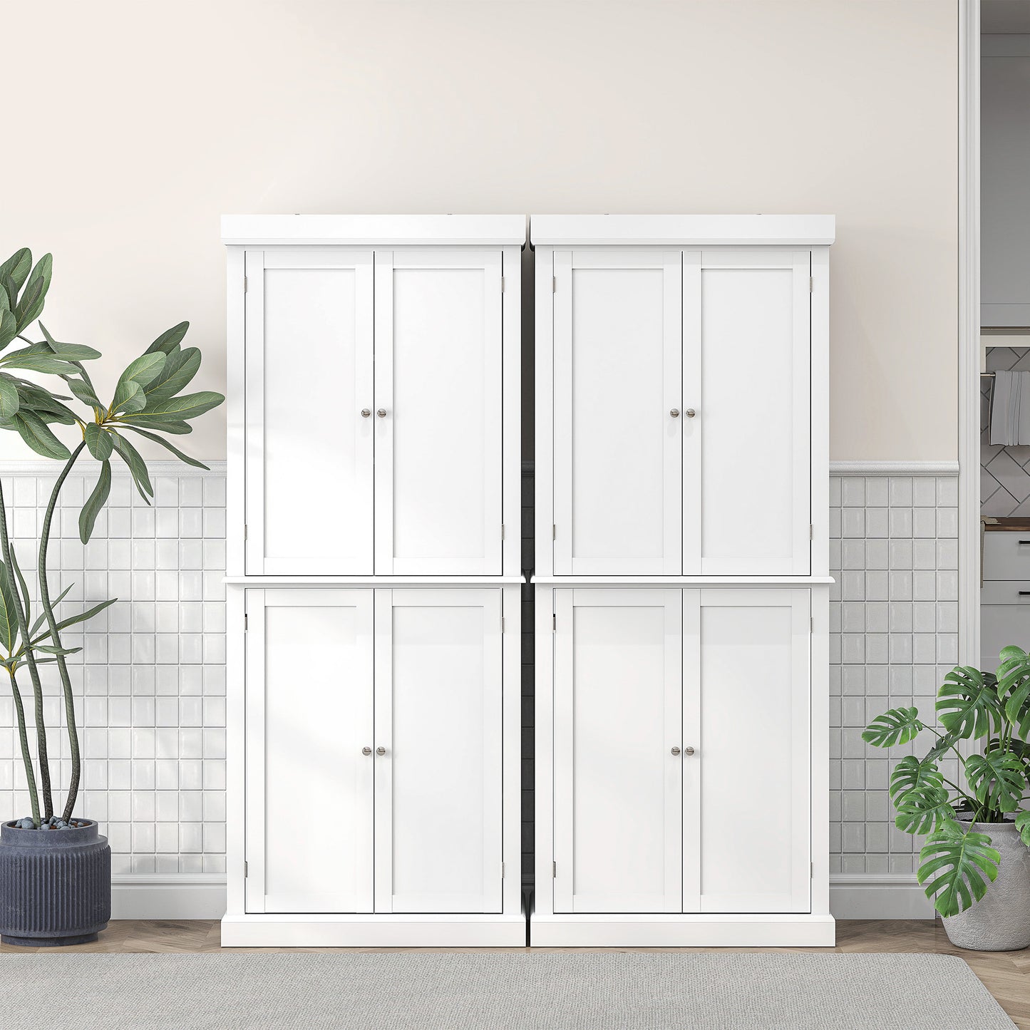 HOMCOM Freestanding Kitchen Cupboard with 4 Doors, Storage Cabinet with 6-Tier Shelving and 4 Adjustable Shelves, White