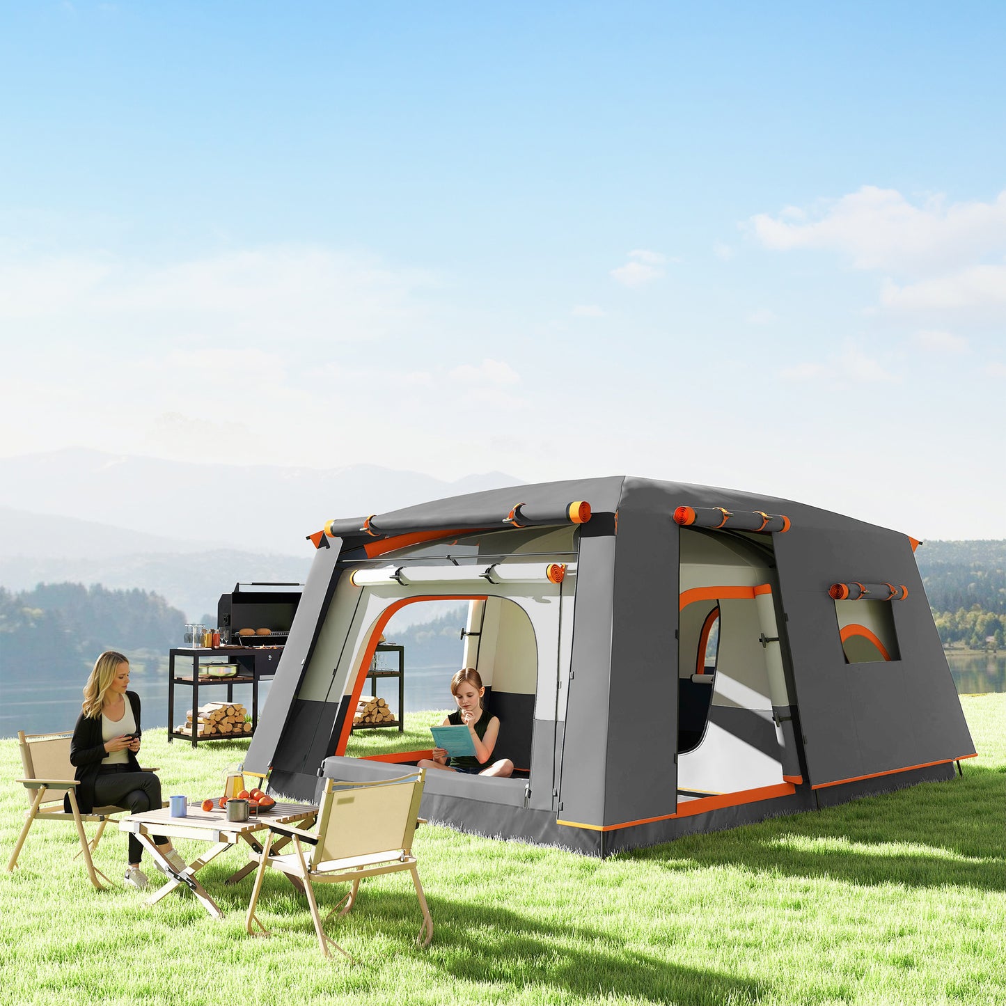 Outsunny 5 Man Camping Tent, Double Layer Tunnel Tent with Porch, Living Area and 2 Bedrooms, Sewn in Groundsheet, 3000mm Waterproof and UPF 30+, Portable with Bag, Grey
