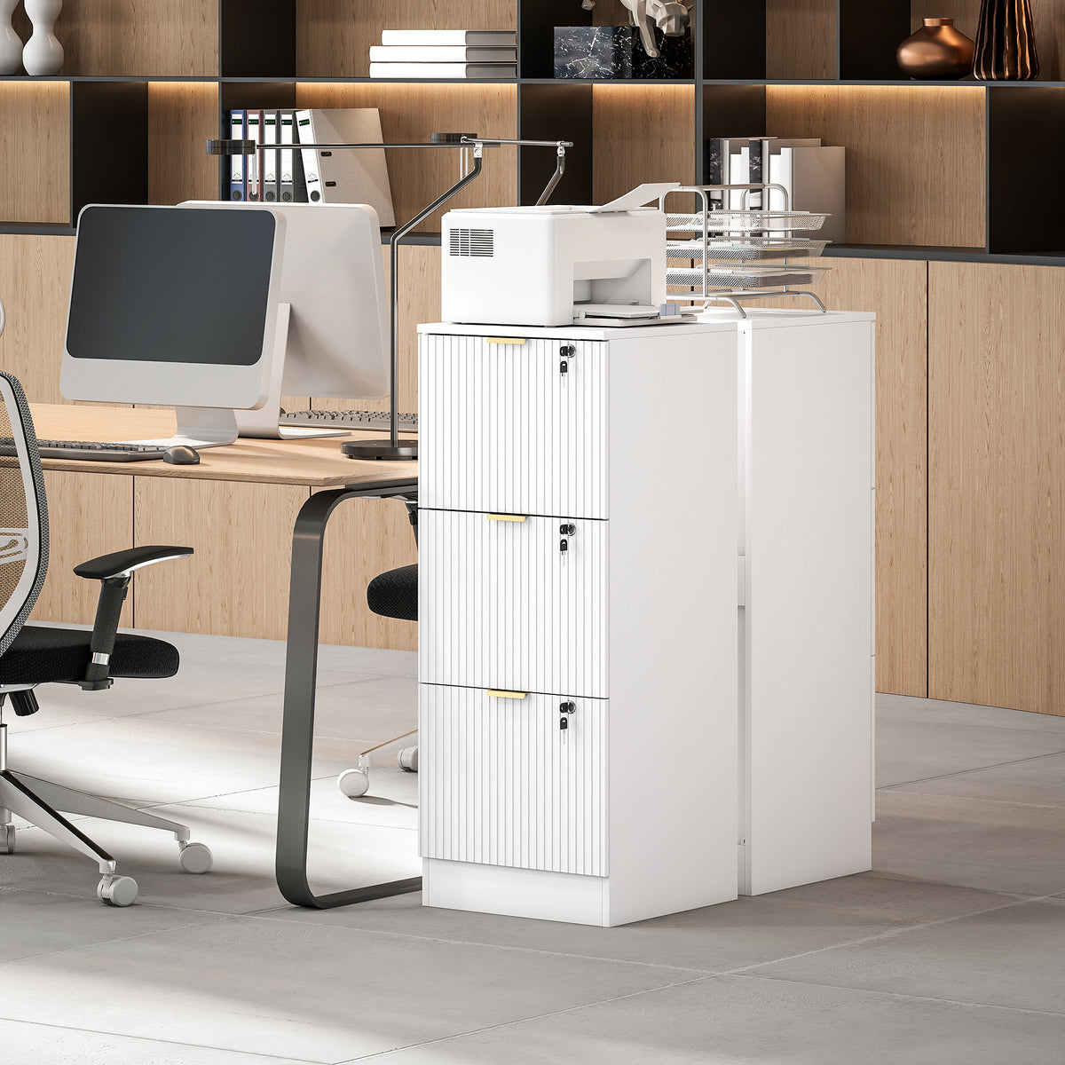 HOMCOM Filing Cabinet, Fluted Vertical File Cabinet with 3 Lockable Drawers and Hanging Rails, White