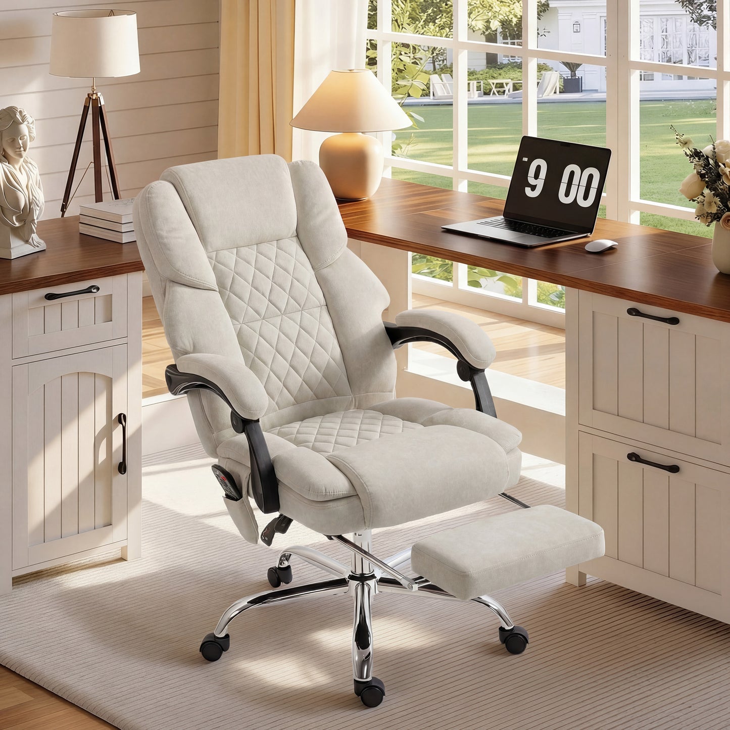 HOMCOM Office Chair with 6-point Vibration Massage and Heat, Fabric Desk Chair with Footrest, High Back, Cream White-Office Chairs-ChewyGames-ChewyGames