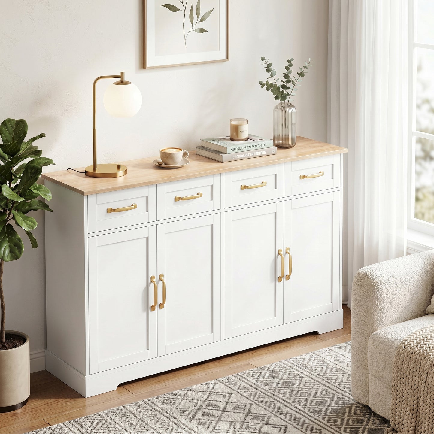 HOMCOM Sideboard Buffet Cabinet, 140 cm Kitchen Storage Cabinet with 4 Drawers, 4 Doors and 2 Adjustable Shelves, White