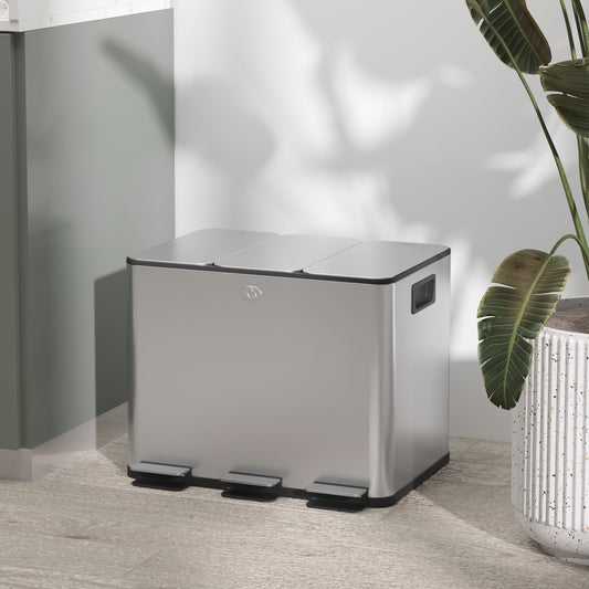 HOMCOM 3 x 20L Pedal Bin, Steel Triple Kitchen Bin with Soft Close Lid, Removable Inner Buckets, Fingerprint-Proof, Silver Tone