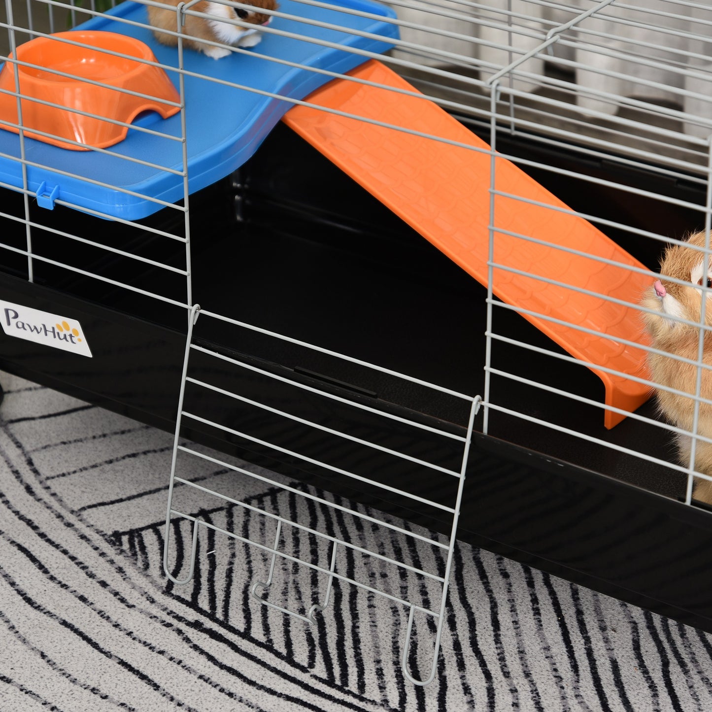 PawHut Small Animal Cage Rabbit Guinea Pigs Chinchillas Cage w/ Wheels Water Bottle Food Dish Platform Ramp 89 x 44 x 43 cm Black--ChewyGames-ChewyGames