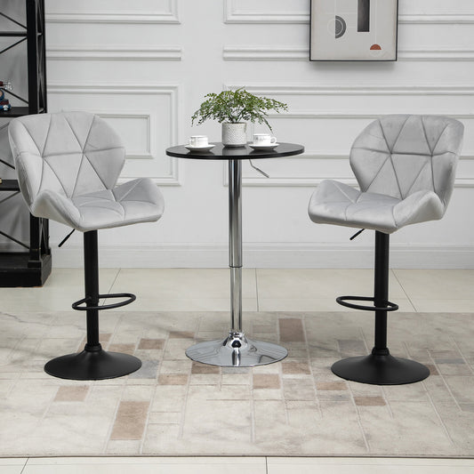 HOMCOM Bar Stools Set Of 2, Luxurious Velvet-Touch Barstools with Metal Frame Footrest Round Base Triangle Indenting Moulded Seat Adjustable Height Swivel Light Grey